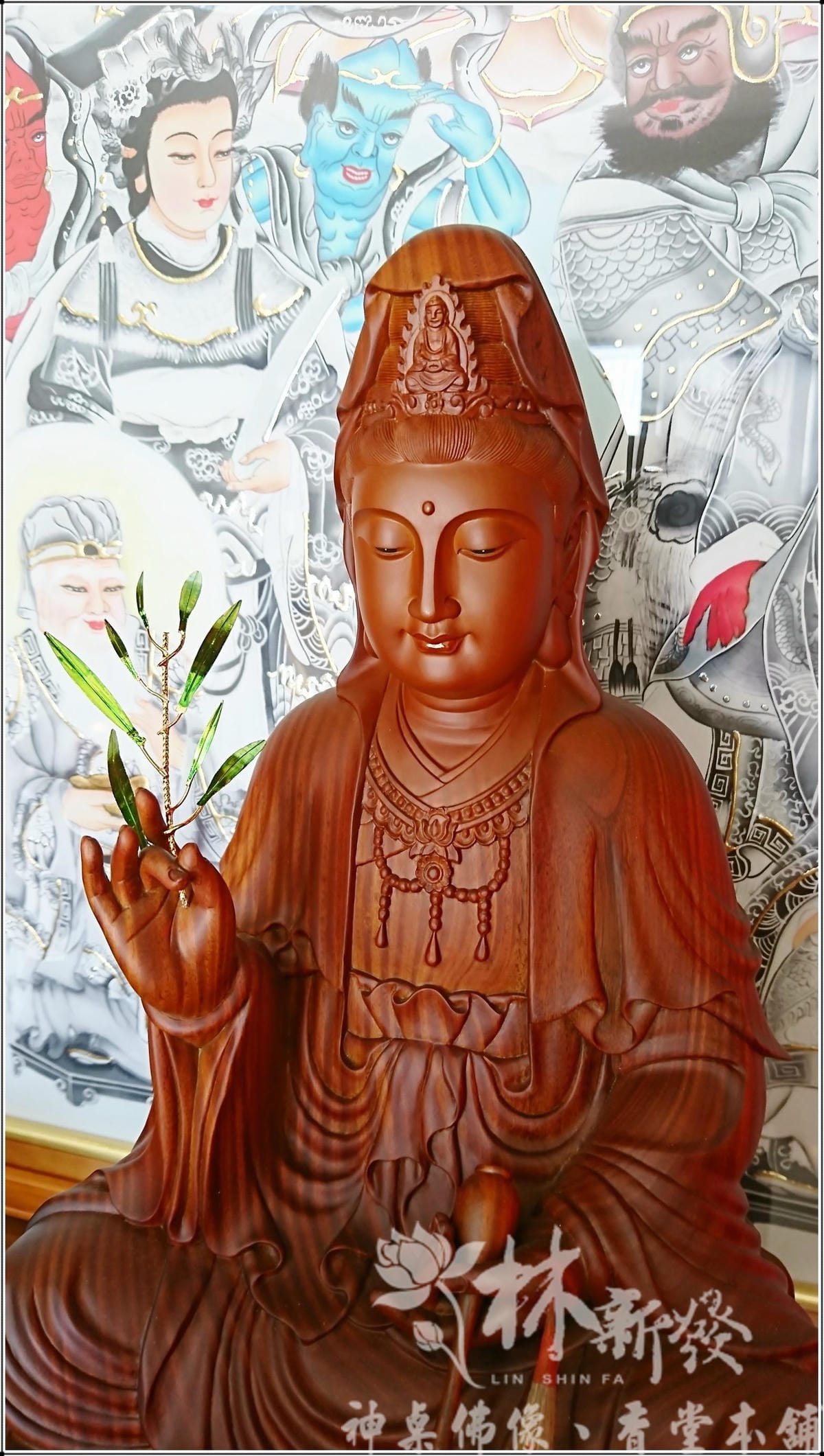 神桌佛櫥作品-檜木．黃金檀佛櫥(觀音雕刻/水墨觀自在/手繪眾